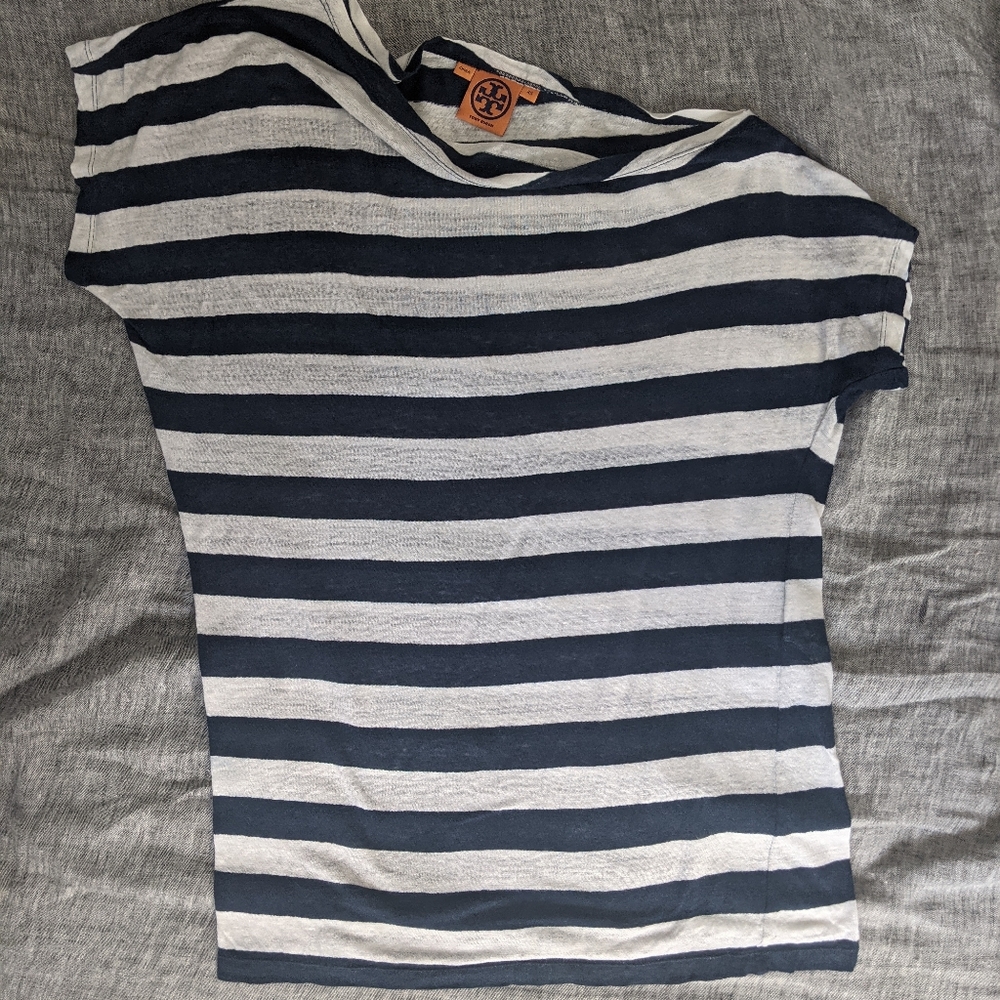 Tory Burch Linen Assymetrical Striped Tee